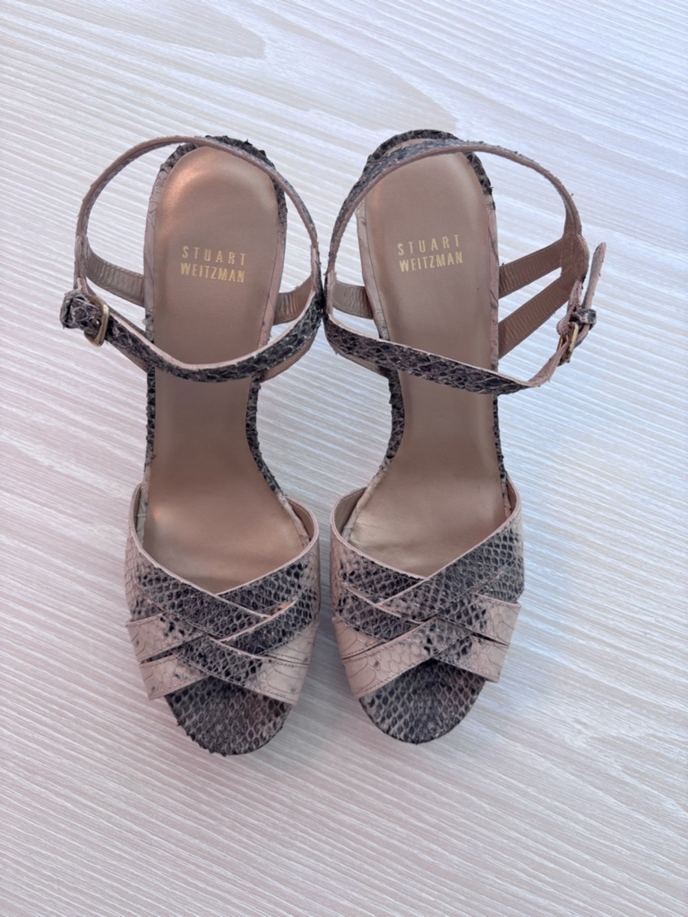 Stuart Weitzman Buff Whips Snake-Embossed Ankle Strap Heels, Size 9.5